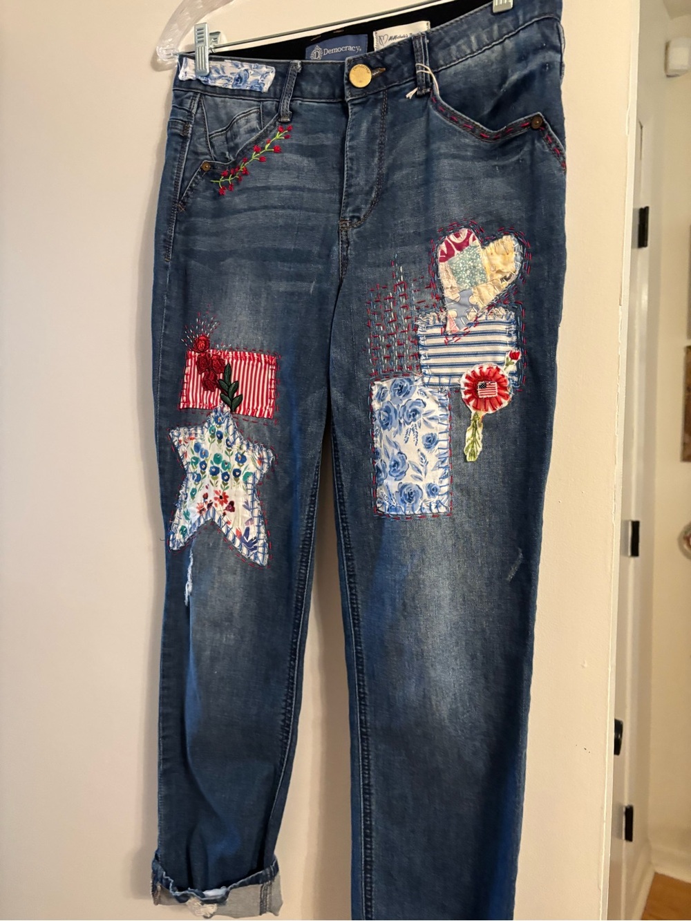 Democracy Blue Patchwork Embroidered Boyfriend Jeans